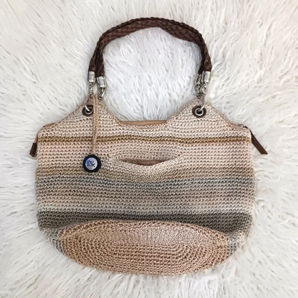 The SAK Leather & Crochet Braided Handle Hand Bag Cream Tan - Picture 14 of 16